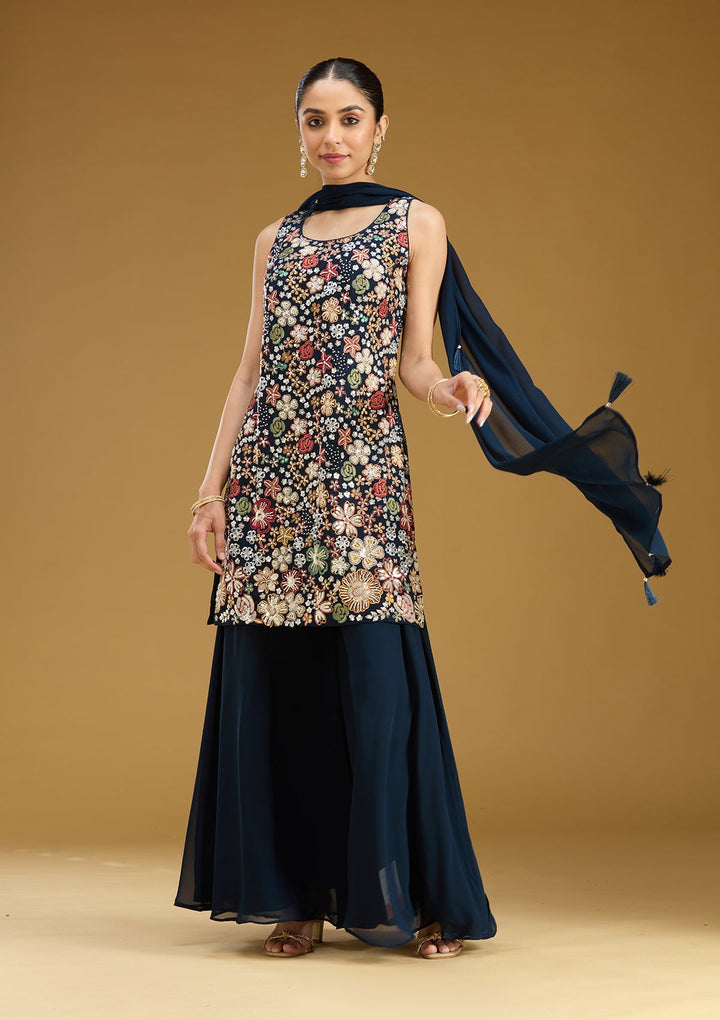 Navy Blue Threadwork Georgette Readymade Salwar Suit