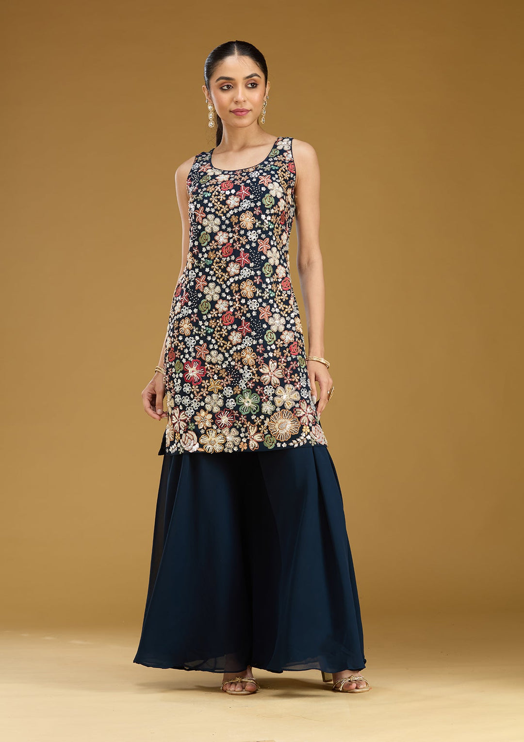 Navy Blue Threadwork Georgette Readymade Salwar Suit