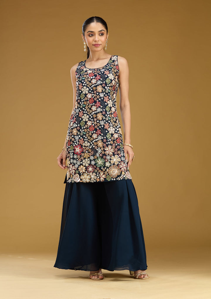 Navy Blue Threadwork Georgette Readymade Salwar Suit