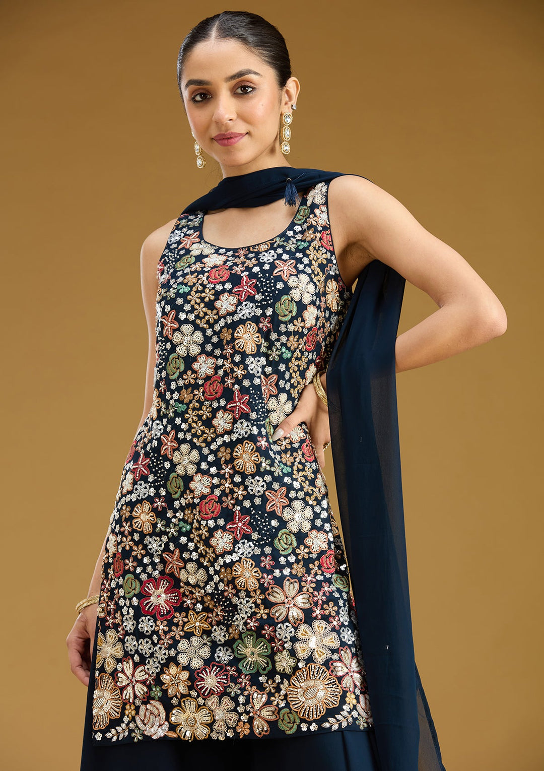 Navy Blue Threadwork Georgette Readymade Salwar Suit