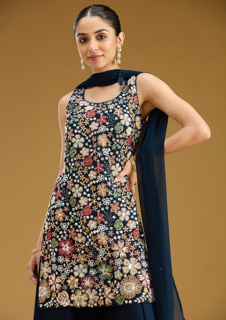 Navy Blue Threadwork Georgette Readymade Salwar Suit