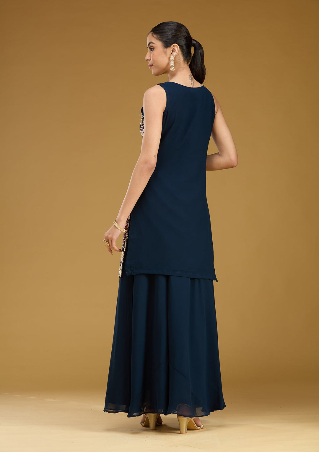 Navy Blue Threadwork Georgette Readymade Salwar Suit