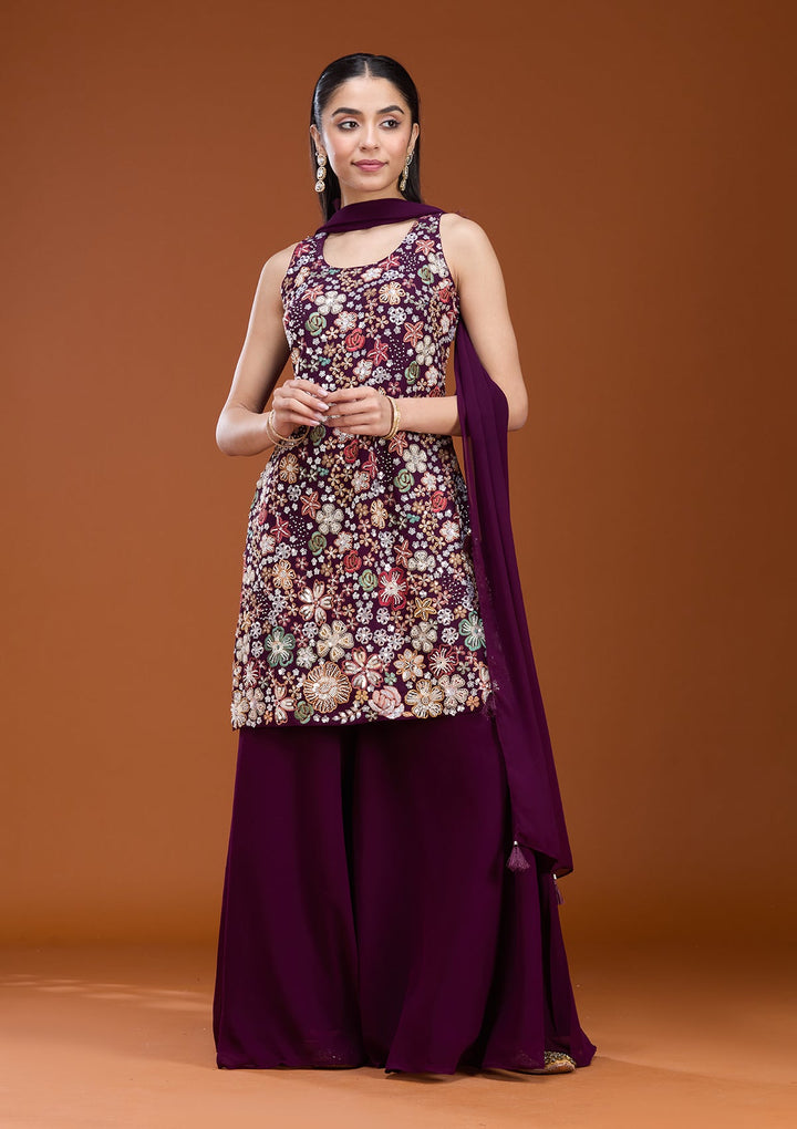 Wine Threadwork Georgette Readymade Salwar Suit