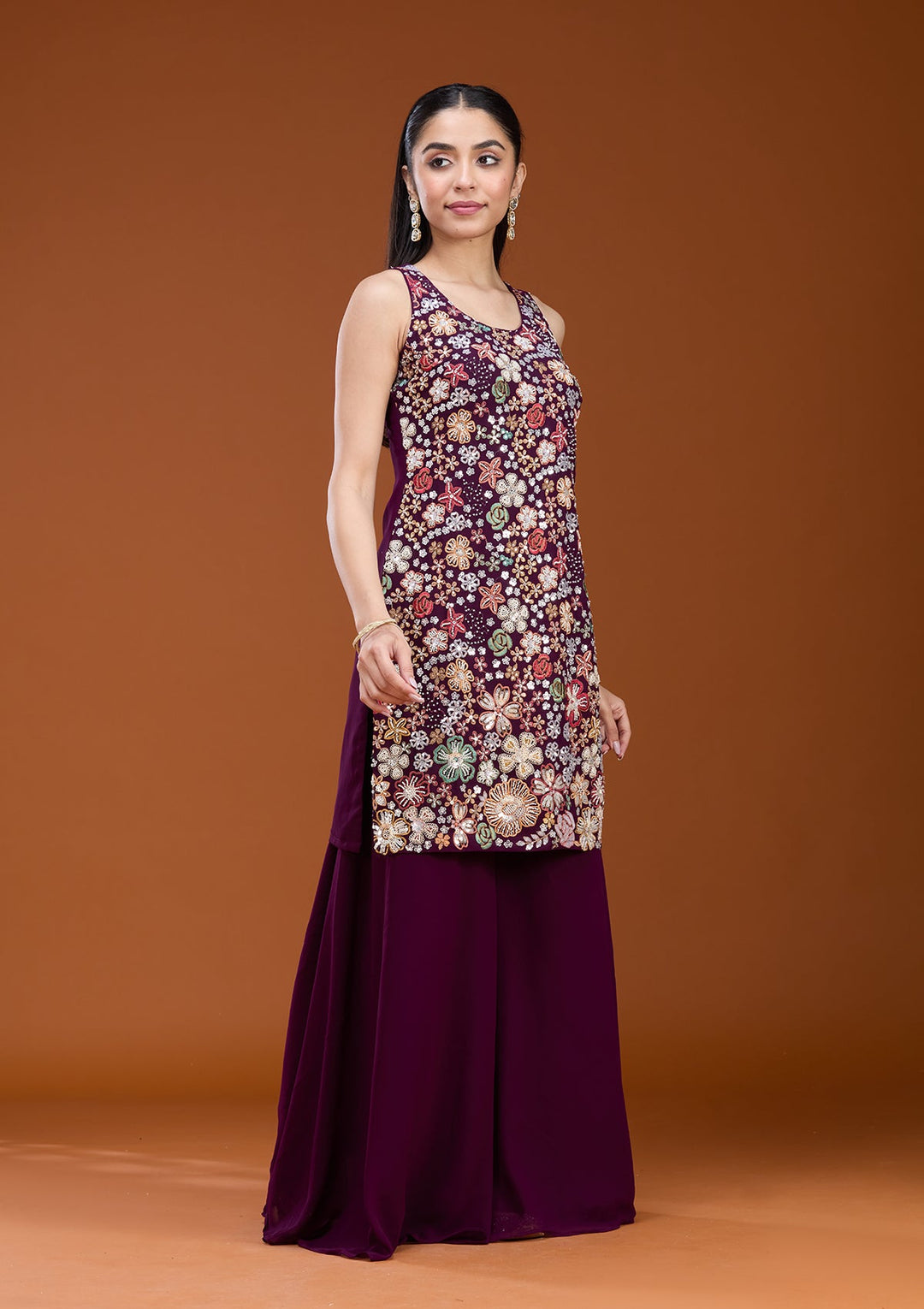 Wine Threadwork Georgette Readymade Salwar Suit