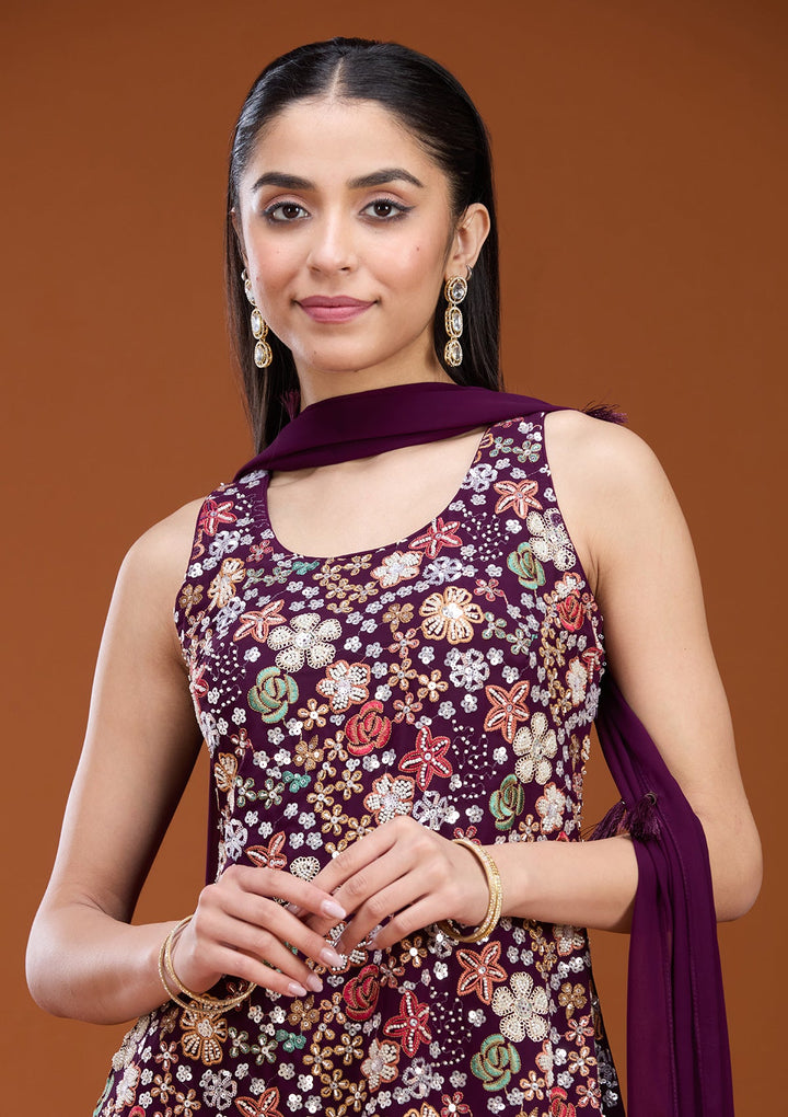 Wine Threadwork Georgette Readymade Salwar Suit