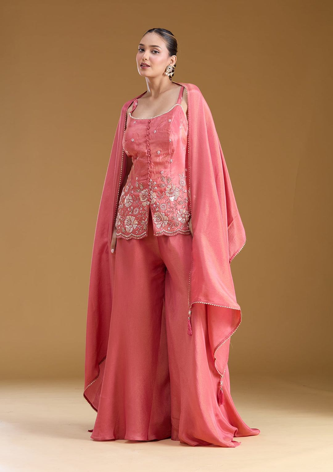 Gajari Pink Threadwork Satin Readymade Salwar Suit