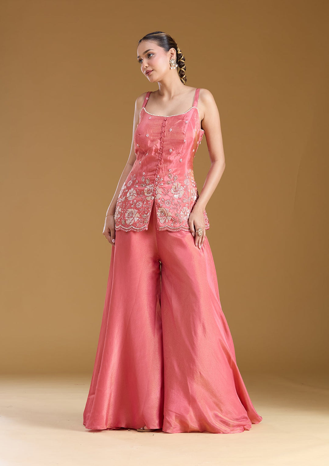 Gajari Pink Threadwork Satin Readymade Salwar Suit