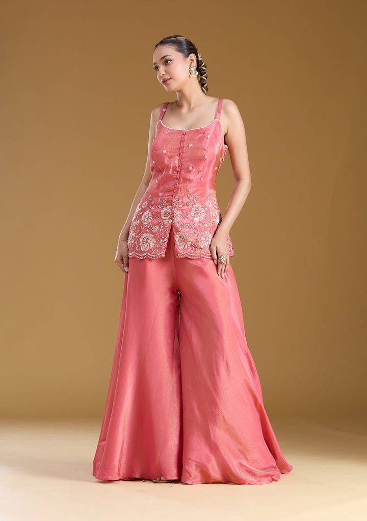 Gajari Pink Threadwork Satin Readymade Salwar Suit