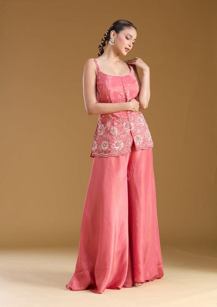 Gajari Pink Threadwork Satin Readymade Salwar Suit