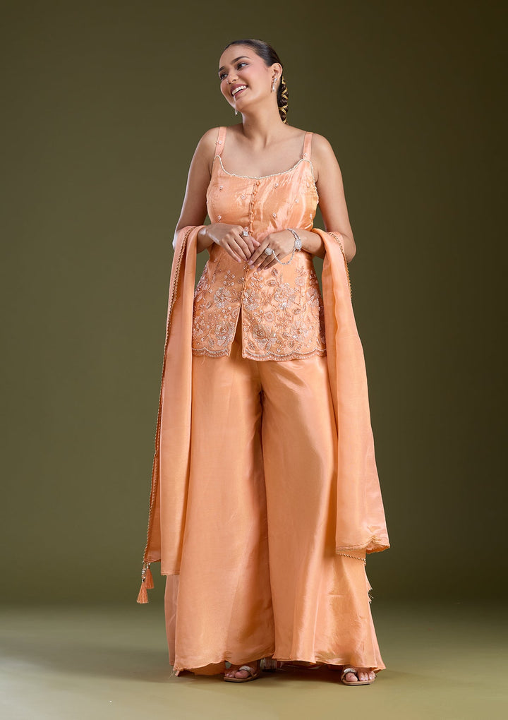 Light Orange Threadwork Satin Readymade Salwar Suit