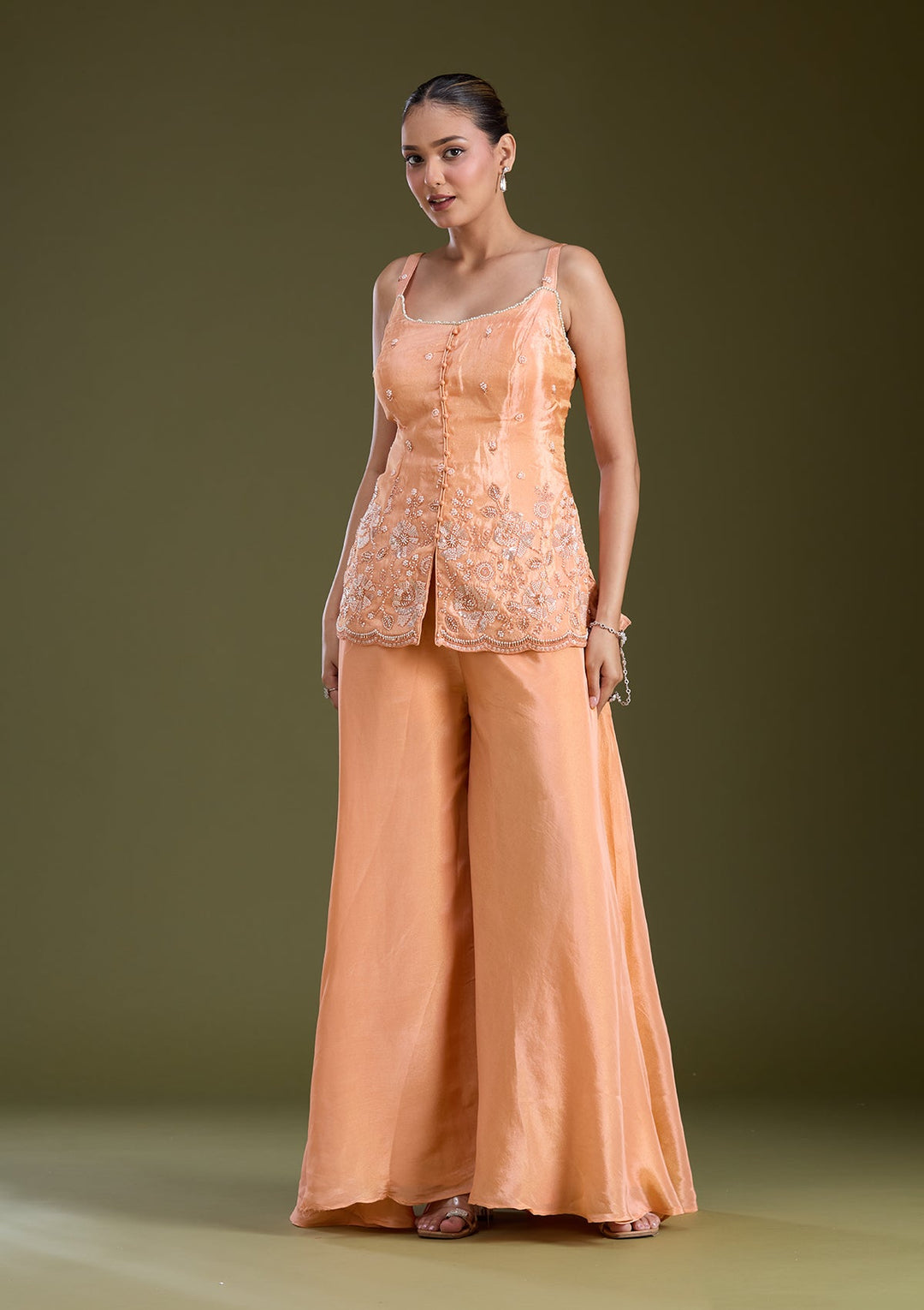 Light Orange Threadwork Satin Readymade Salwar Suit