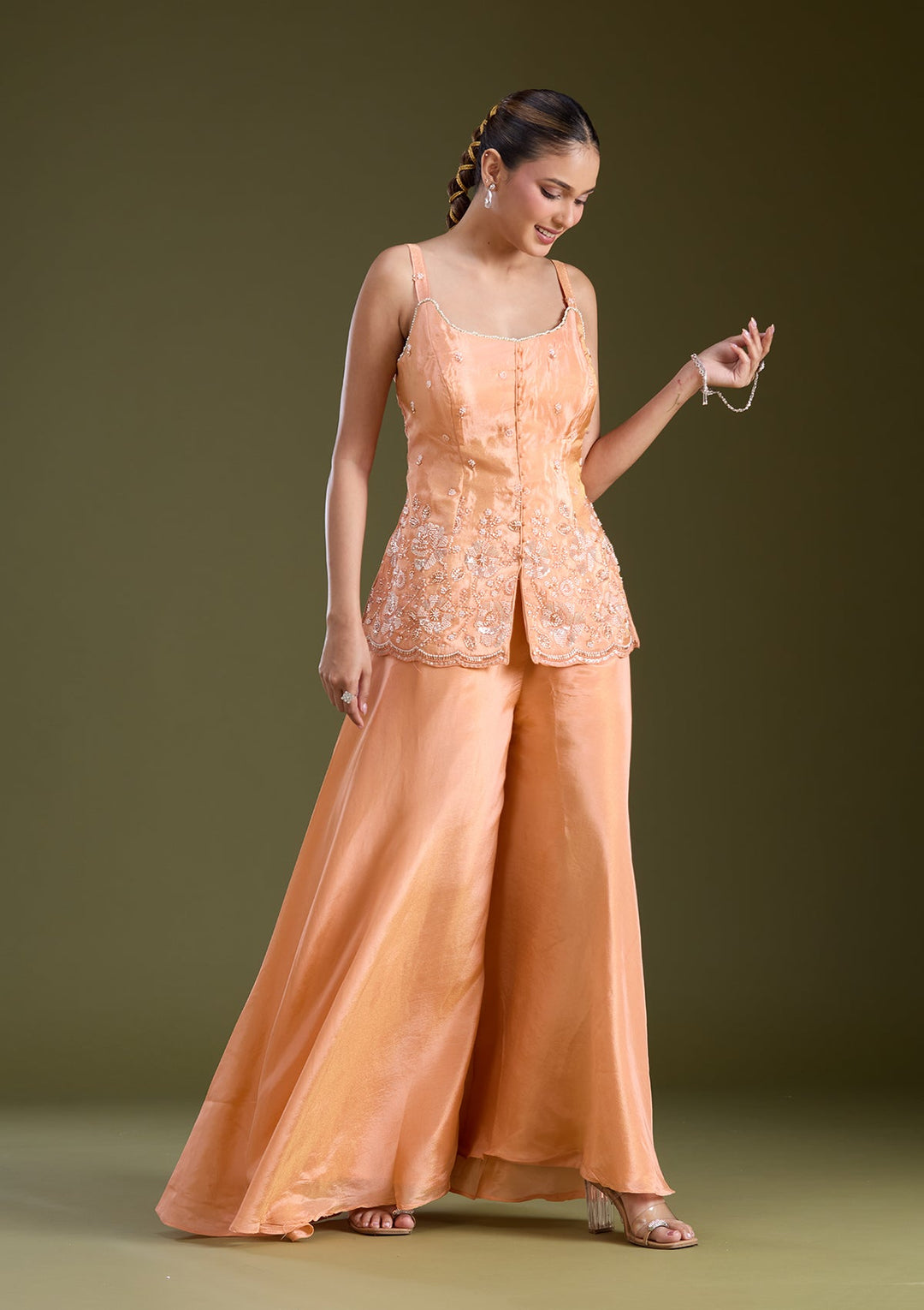 Light Orange Threadwork Satin Readymade Salwar Suit