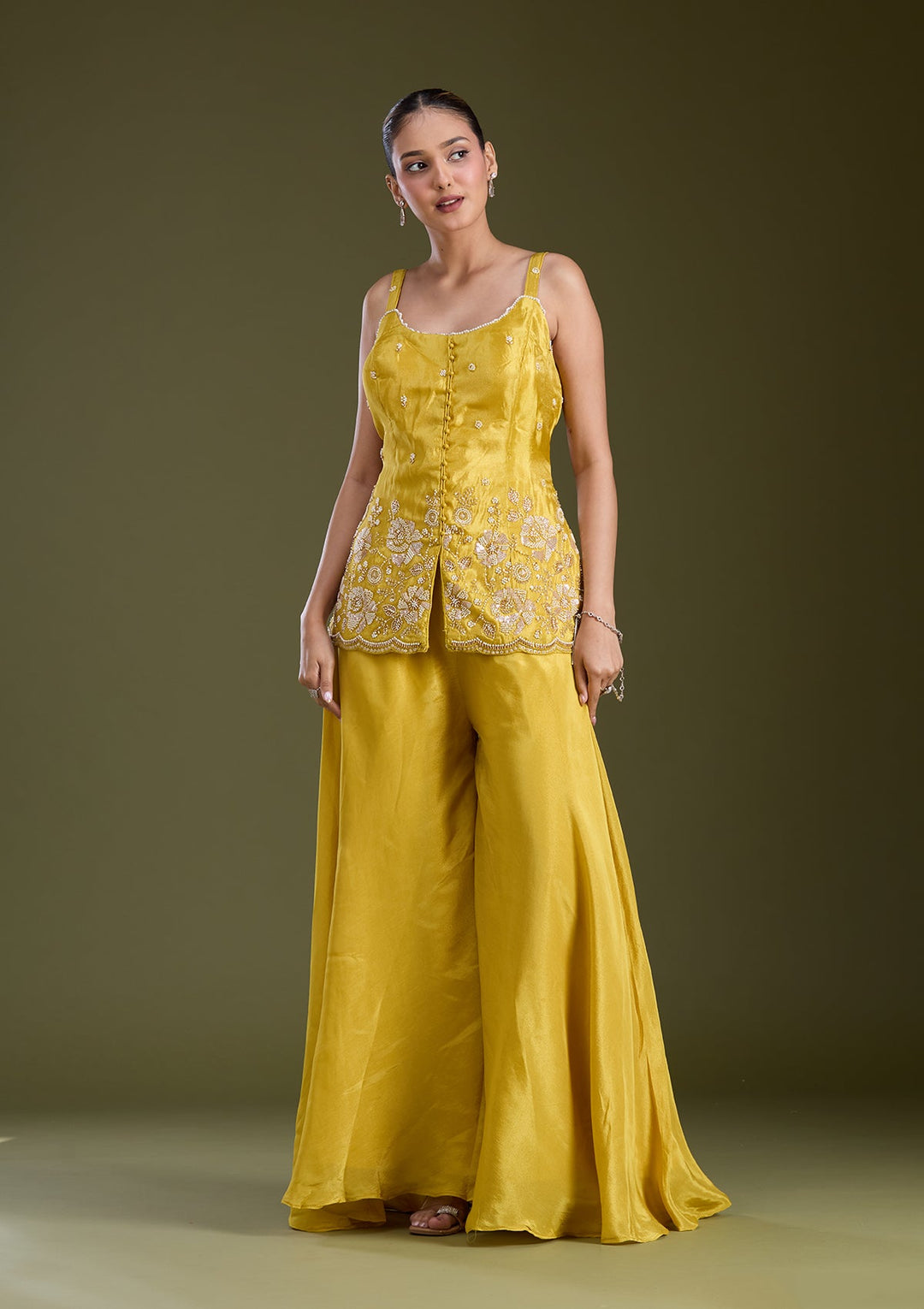 Mustard Yellow Threadwork Satin Readymade Salwar Suit