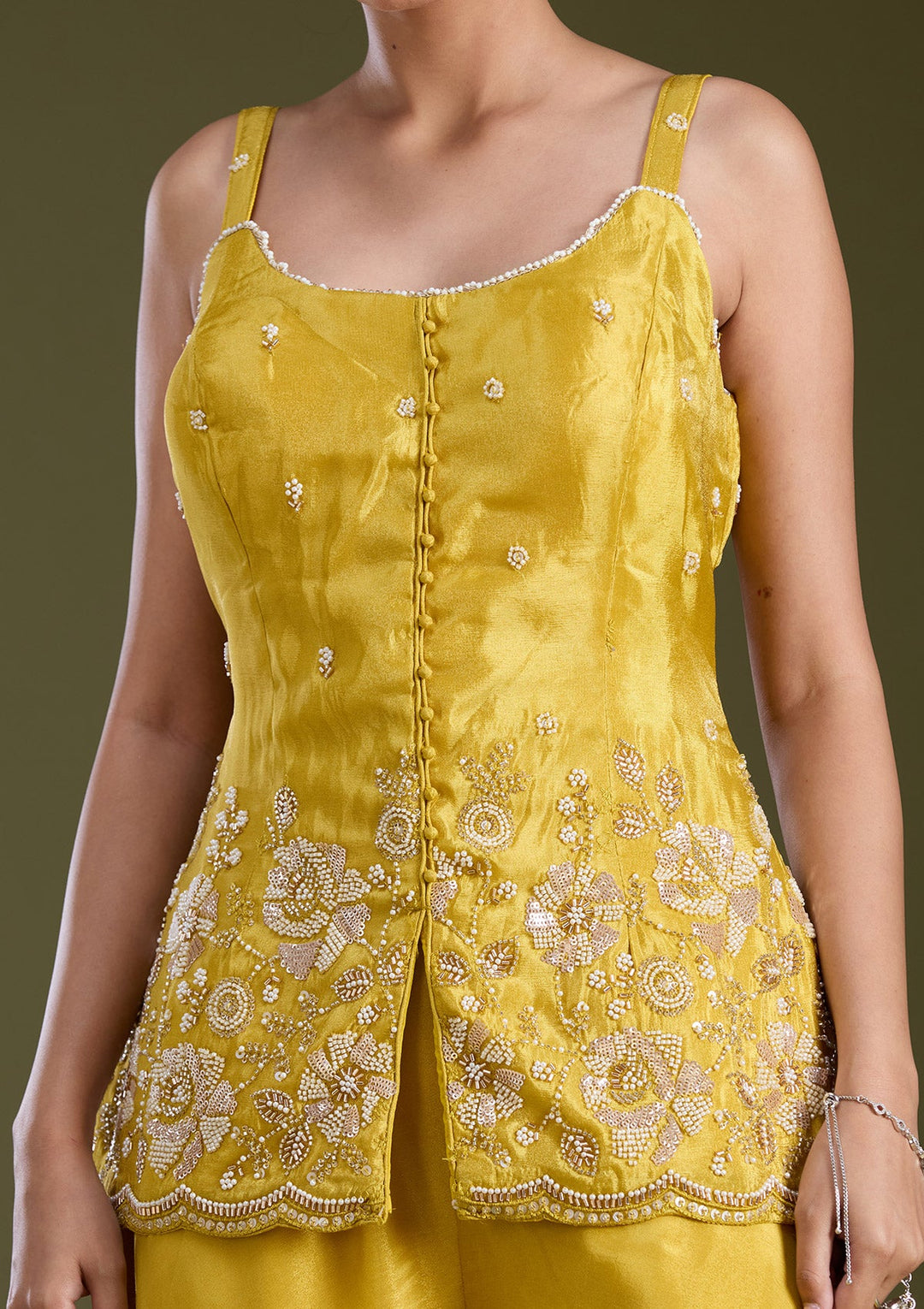 Mustard Yellow Threadwork Satin Readymade Salwar Suit