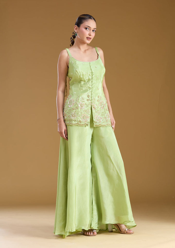 Pista Green Threadwork Satin Readymade Salwar Suit