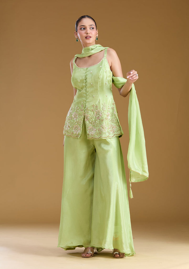 Pista Green Threadwork Satin Readymade Salwar Suit