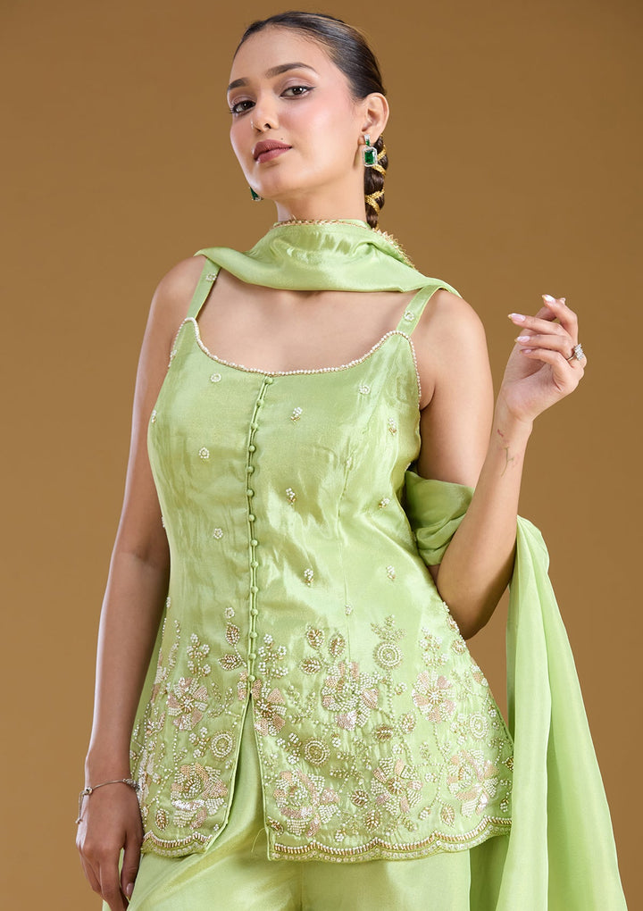 Pista Green Threadwork Satin Readymade Salwar Suit