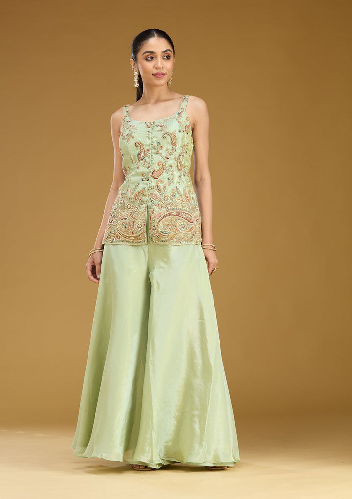 Pista Green Cutdana Soft Raw Silk Readymade Salwar Suit