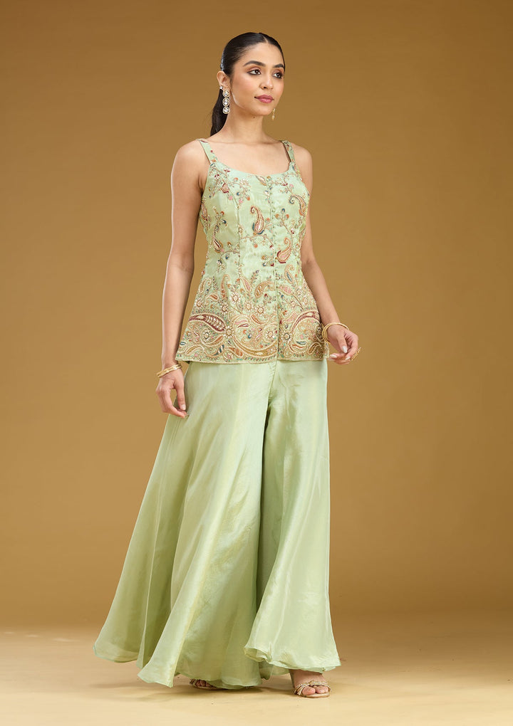 Pista Green Cutdana Soft Raw Silk Readymade Salwar Suit