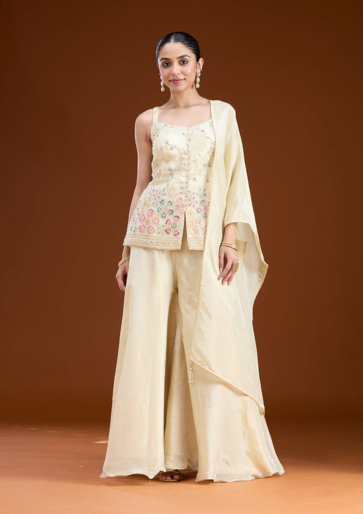 Cream Threadwork Soft Raw Silk Readymade Salwar Suit