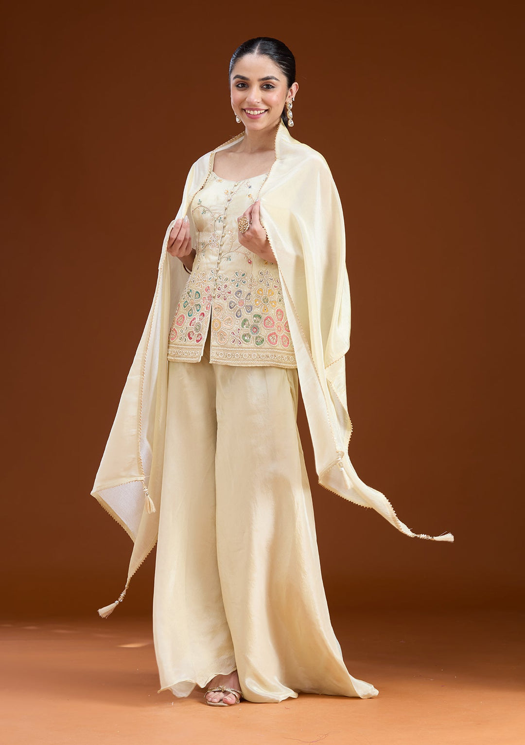 Cream Threadwork Soft Raw Silk Readymade Salwar Suit