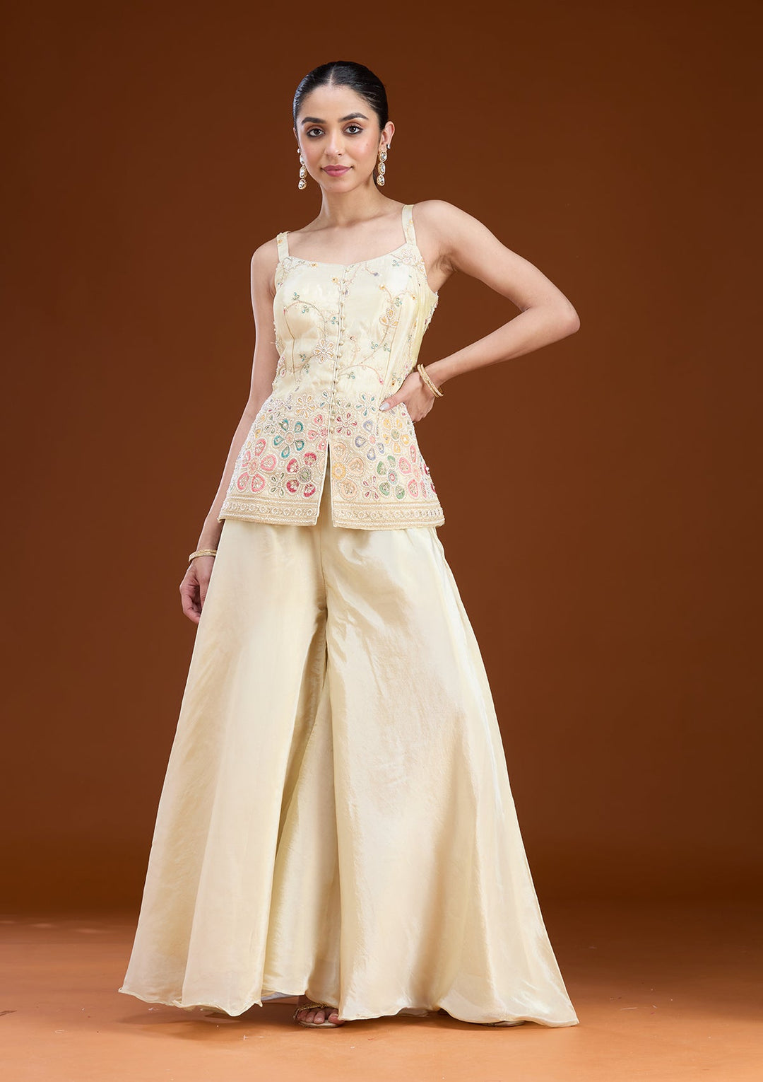 Cream Threadwork Soft Raw Silk Readymade Salwar Suit