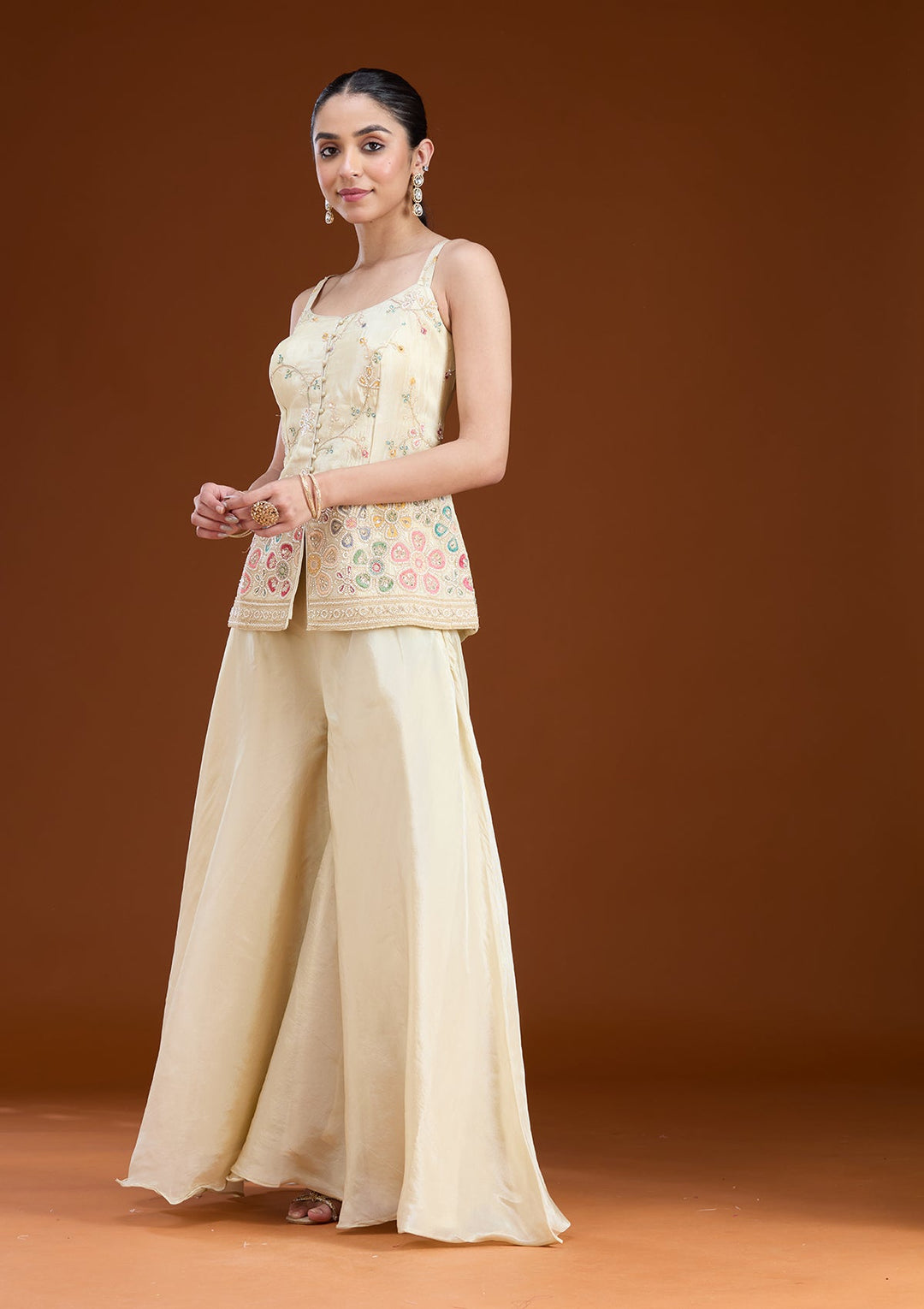 Cream Threadwork Soft Raw Silk Readymade Salwar Suit