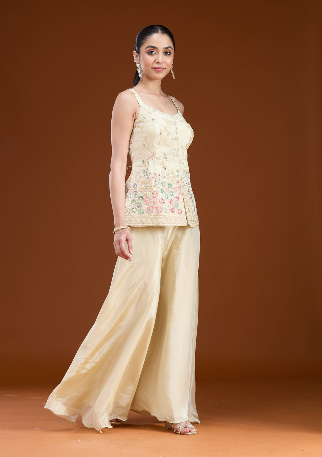 Cream Threadwork Soft Raw Silk Readymade Salwar Suit