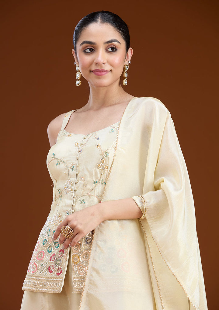 Cream Threadwork Soft Raw Silk Readymade Salwar Suit