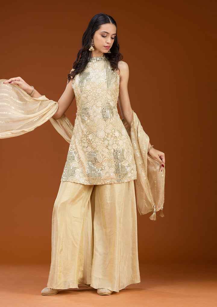 Beige Zariwork (Gold) Satin Readymade Salwar Suit