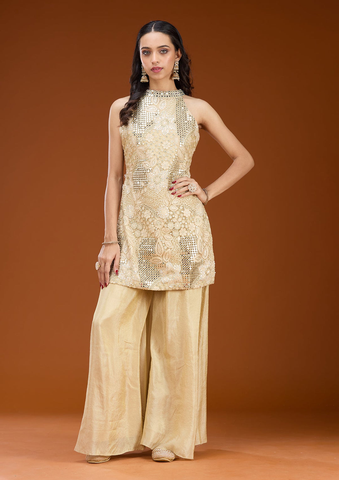 Beige Zariwork (Gold) Satin Readymade Salwar Suit