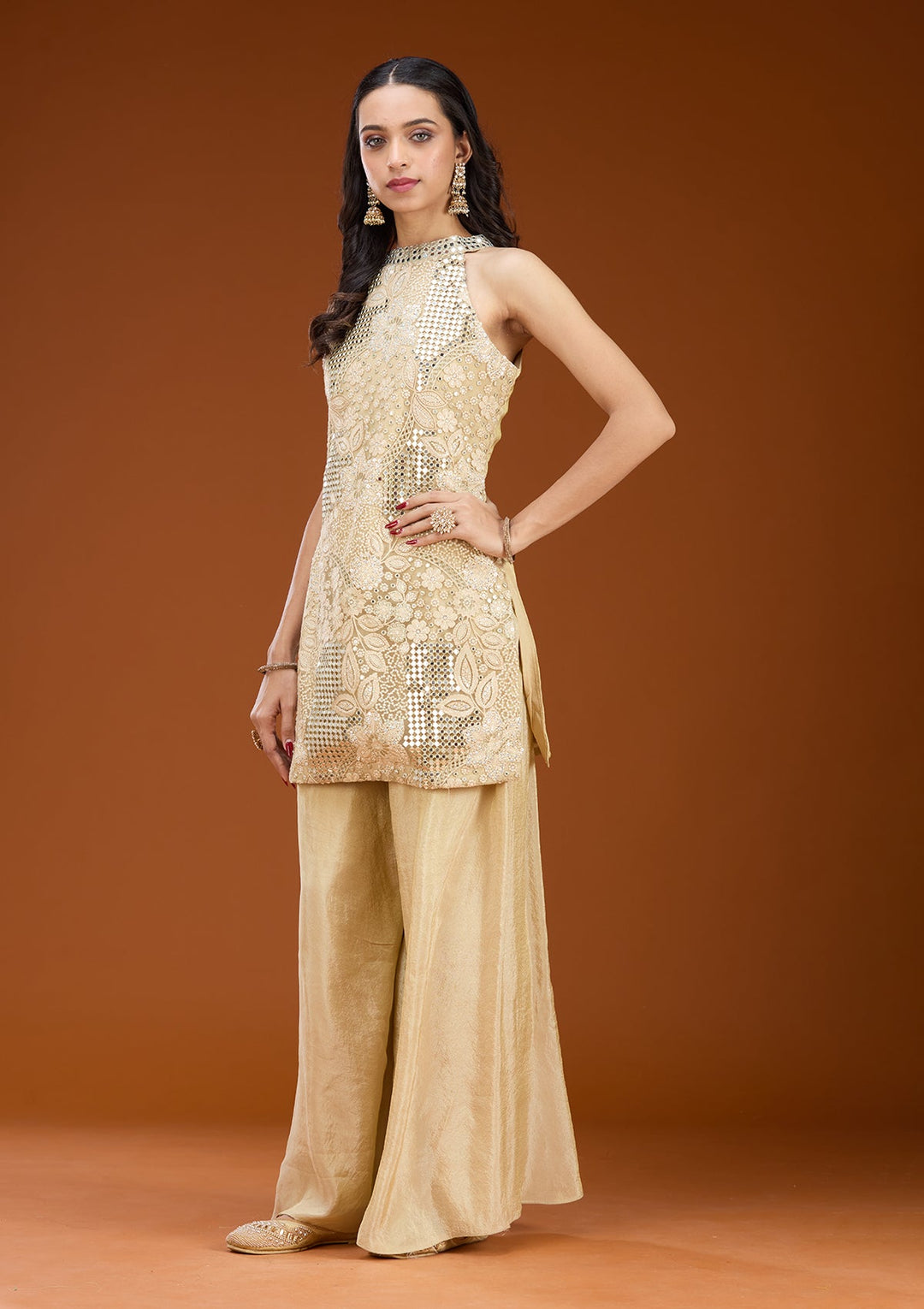 Beige Zariwork (Gold) Satin Readymade Salwar Suit