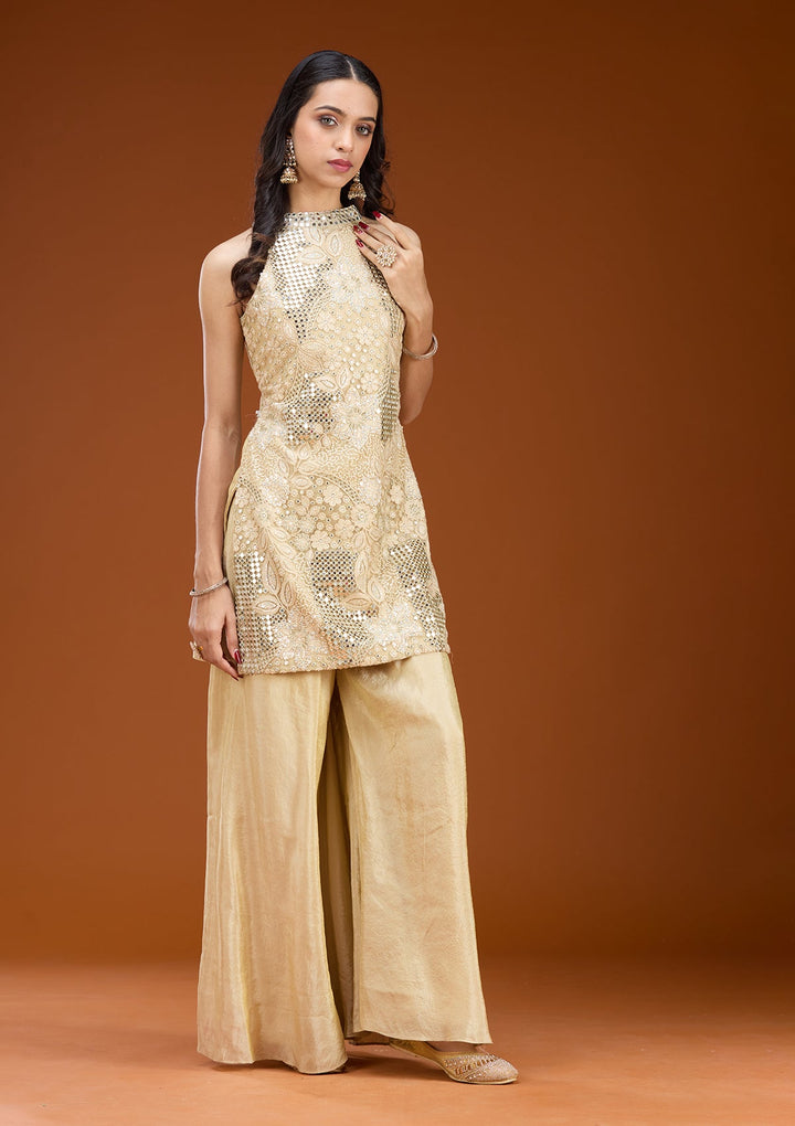 Beige Zariwork (Gold) Satin Readymade Salwar Suit