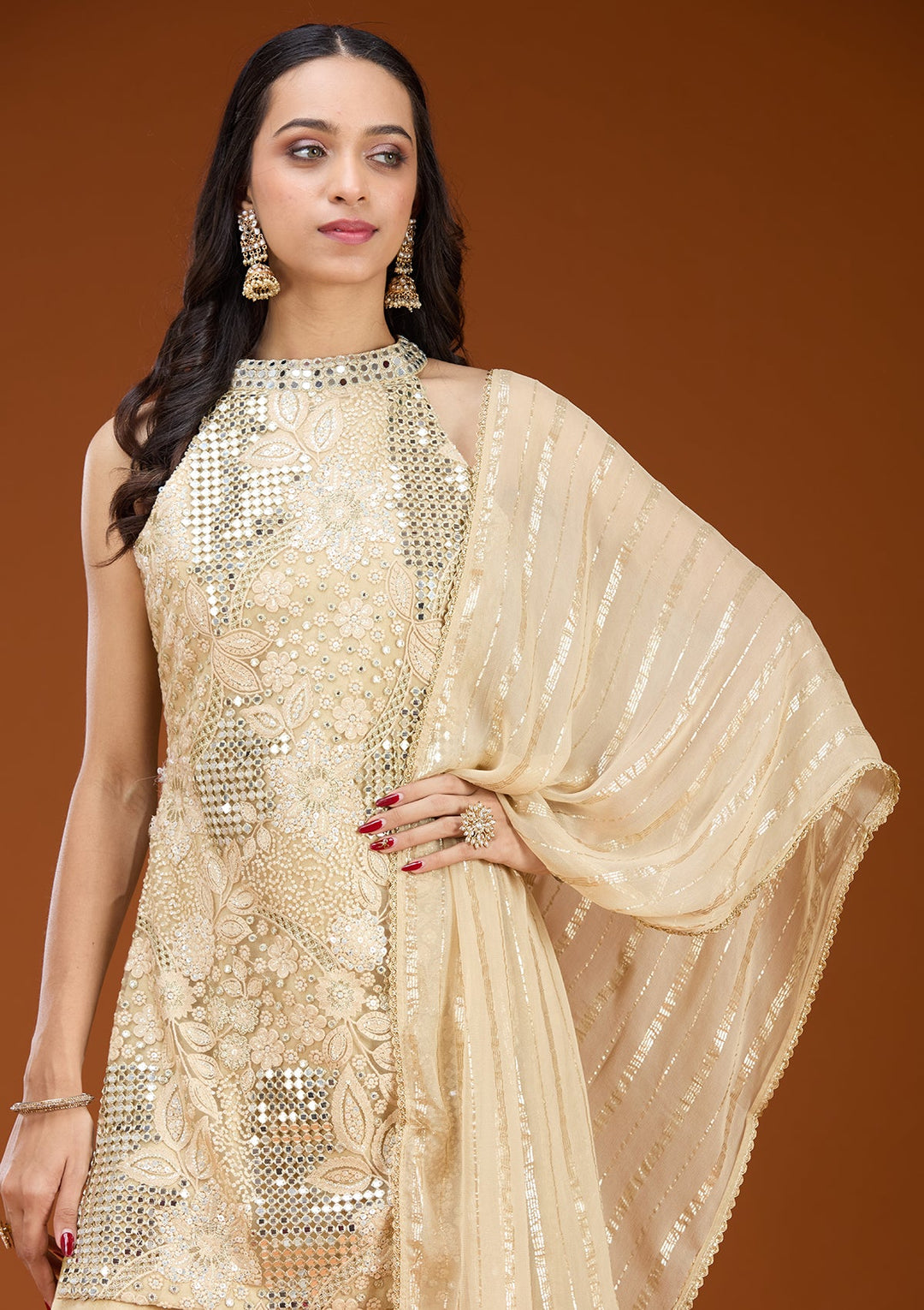Beige Zariwork (Gold) Satin Readymade Salwar Suit