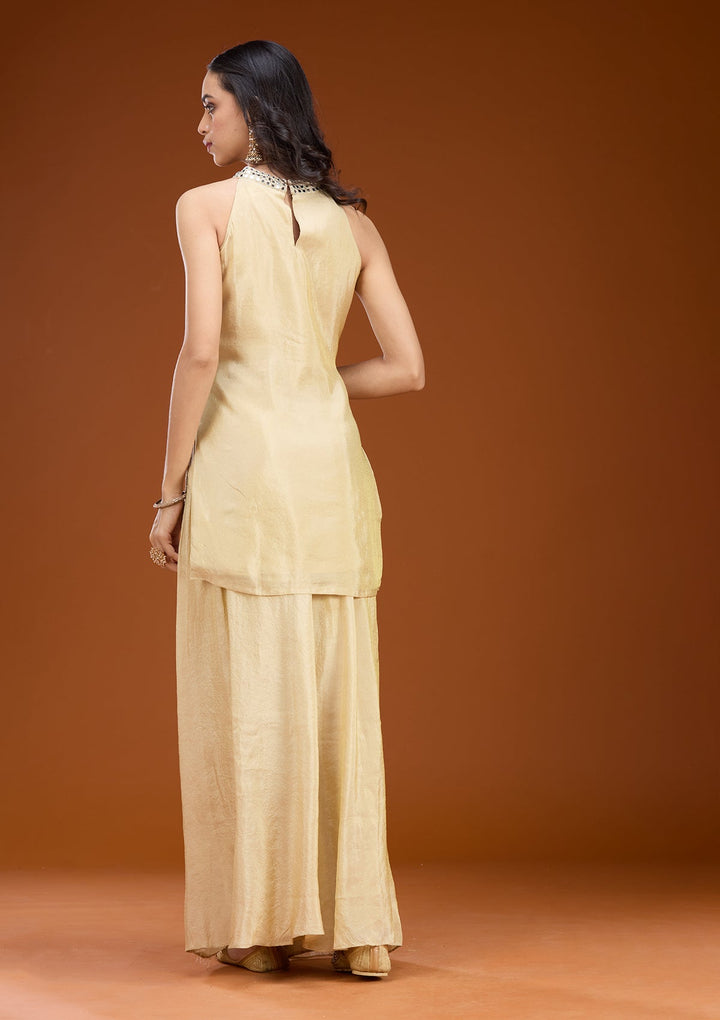 Beige Zariwork (Gold) Satin Readymade Salwar Suit