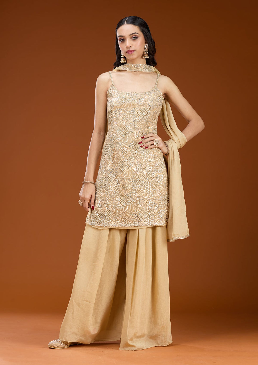 Beige Cording Tissue Readymade Salwar Suit