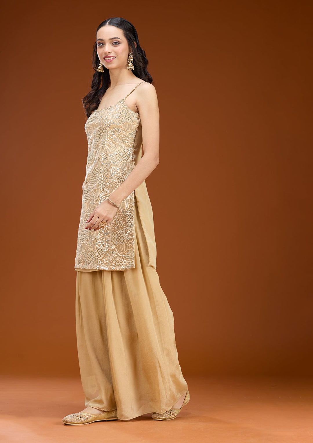 Beige Cording Tissue Readymade Salwar Suit