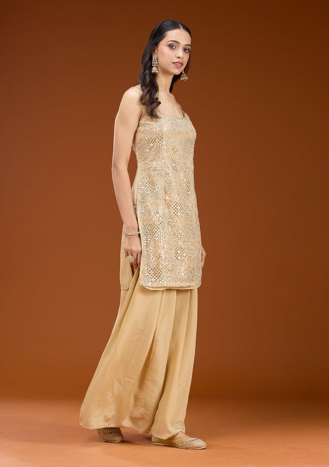 Beige Cording Tissue Readymade Salwar Suit