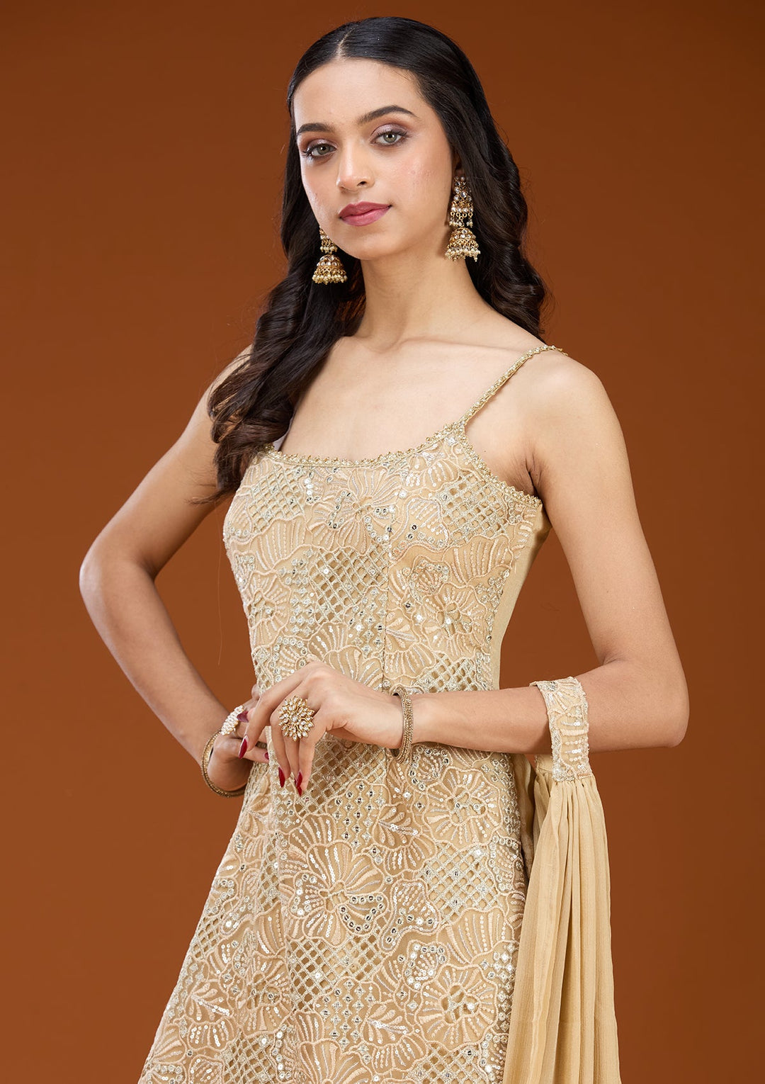 Beige Cording Tissue Readymade Salwar Suit