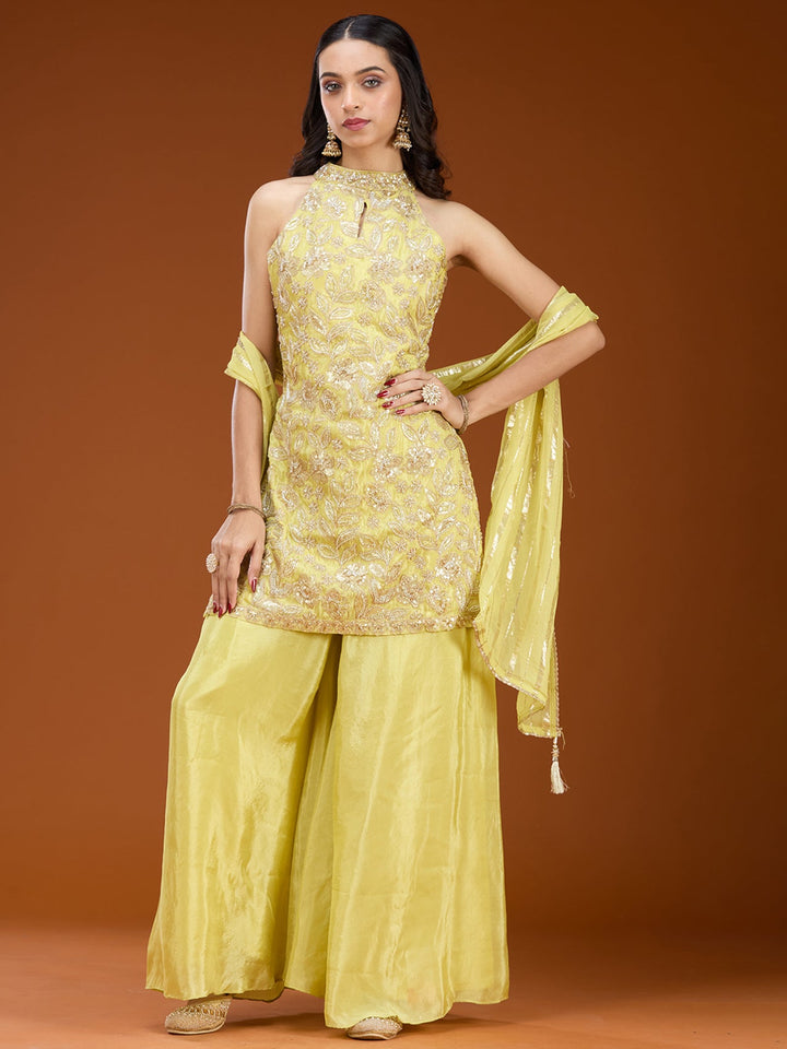 Lime Green Threadwork Tissue Readymade Salwar Suit