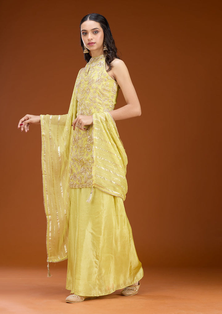 Lime Green Threadwork Tissue Readymade Salwar Suit