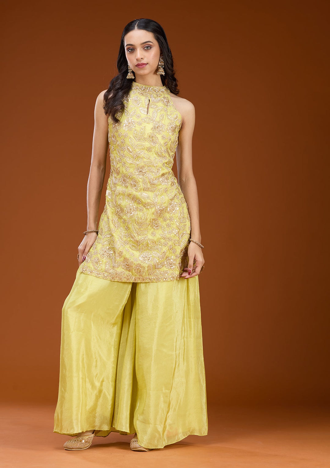 Lime Green Threadwork Tissue Readymade Salwar Suit