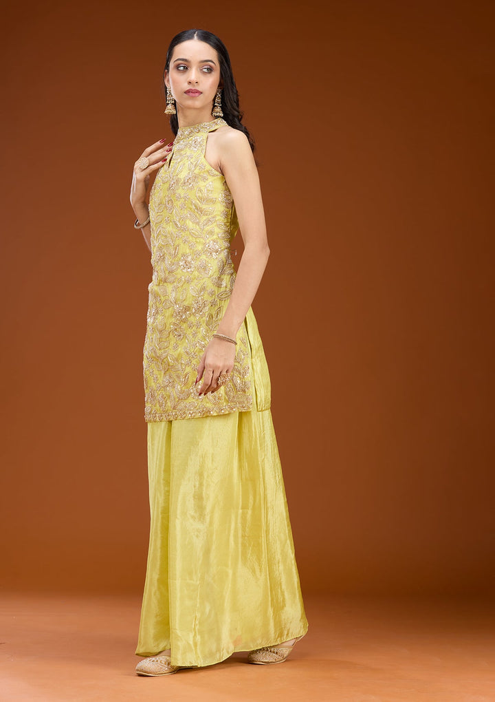 Lime Green Threadwork Tissue Readymade Salwar Suit