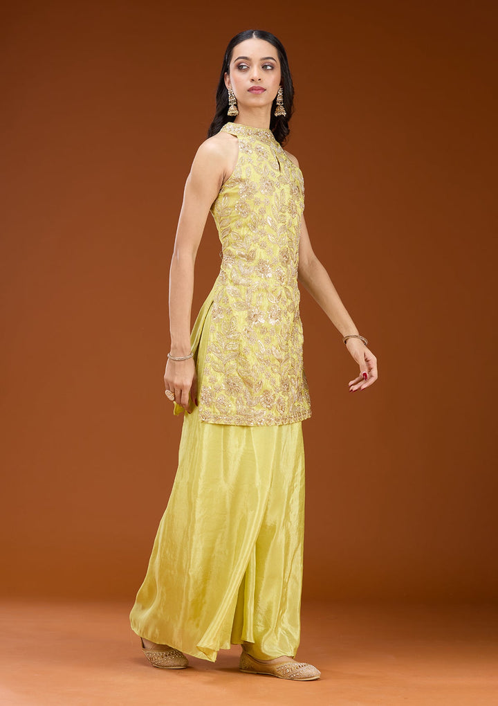 Lime Green Threadwork Tissue Readymade Salwar Suit