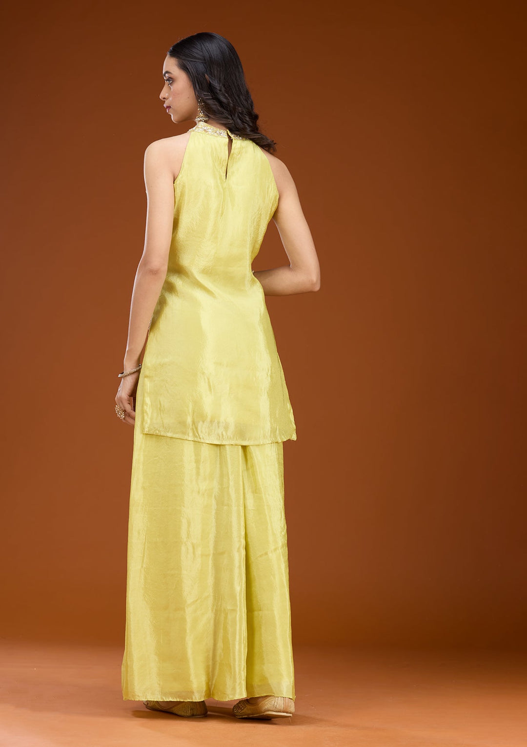 Lime Green Threadwork Tissue Readymade Salwar Suit