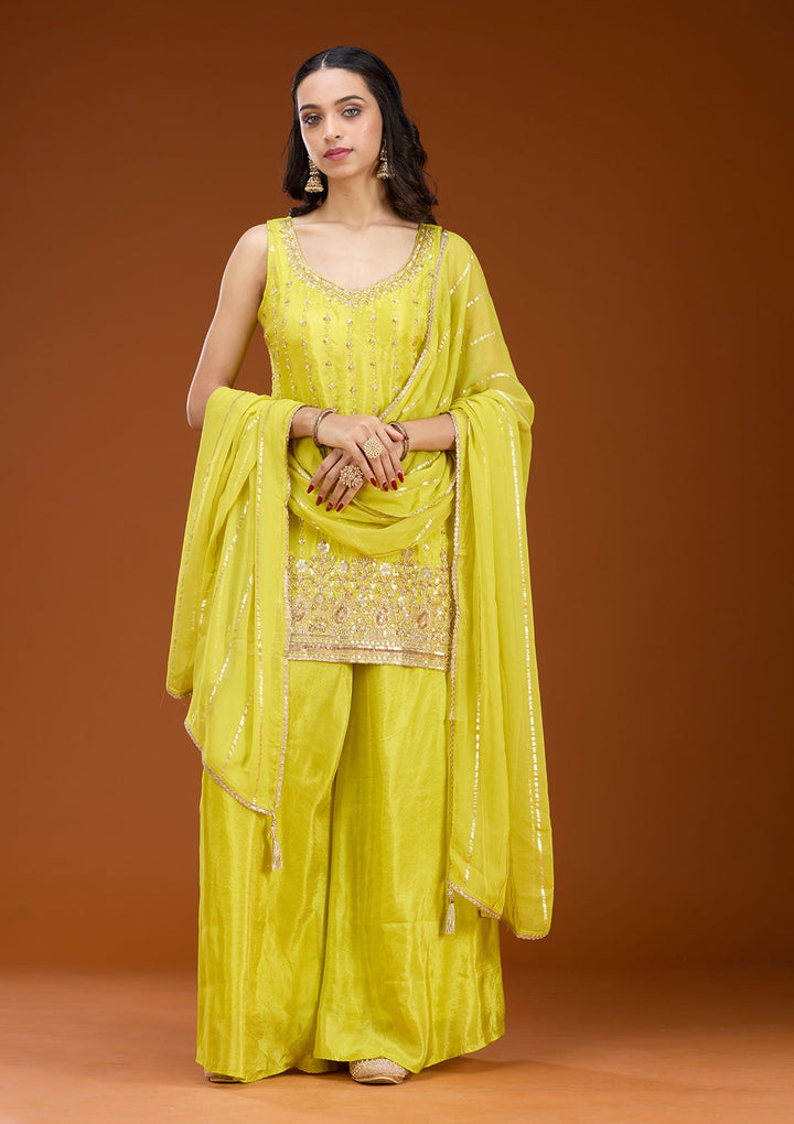 Lime Green Threadwork Tissue Readymade Salwar Suit