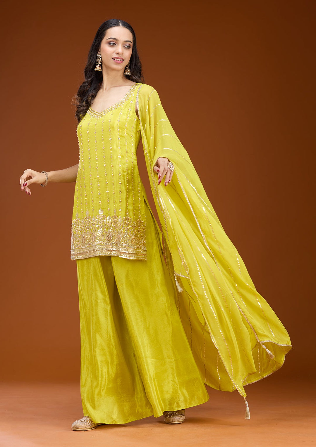 Lime Green Threadwork Tissue Readymade Salwar Suit