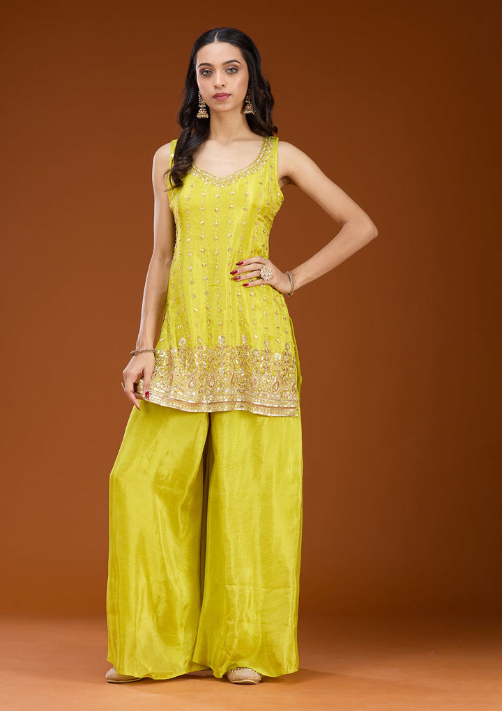 Lime Green Threadwork Tissue Readymade Salwar Suit