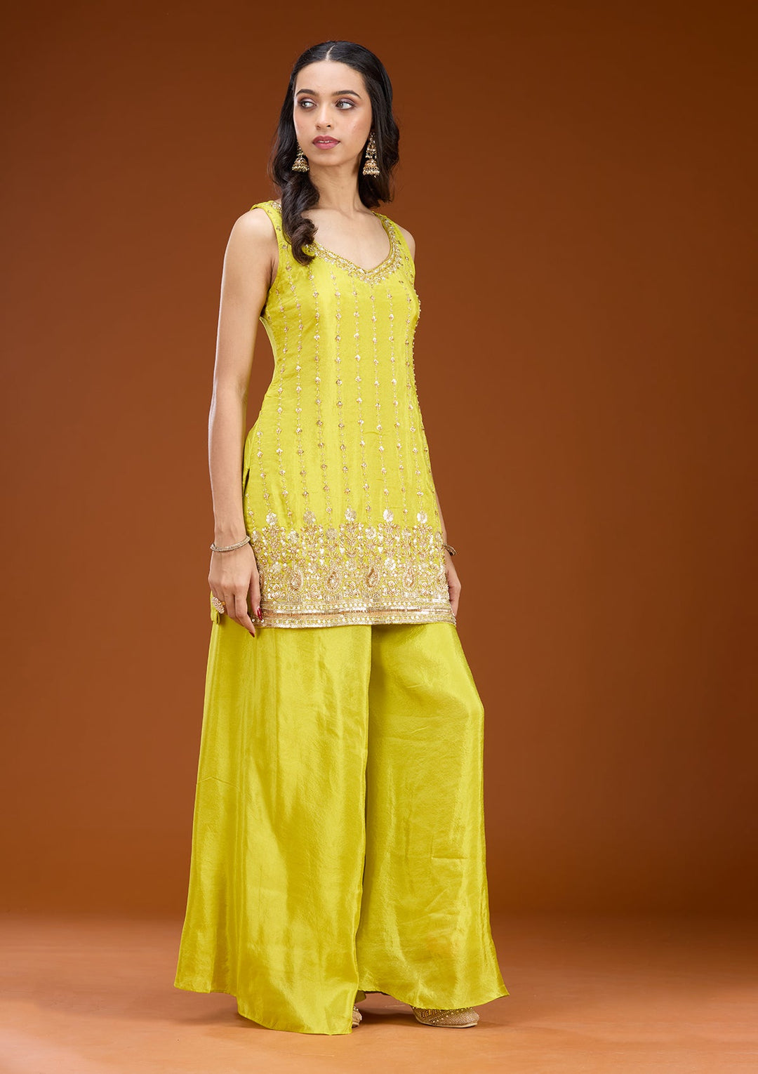 Lime Green Threadwork Tissue Readymade Salwar Suit