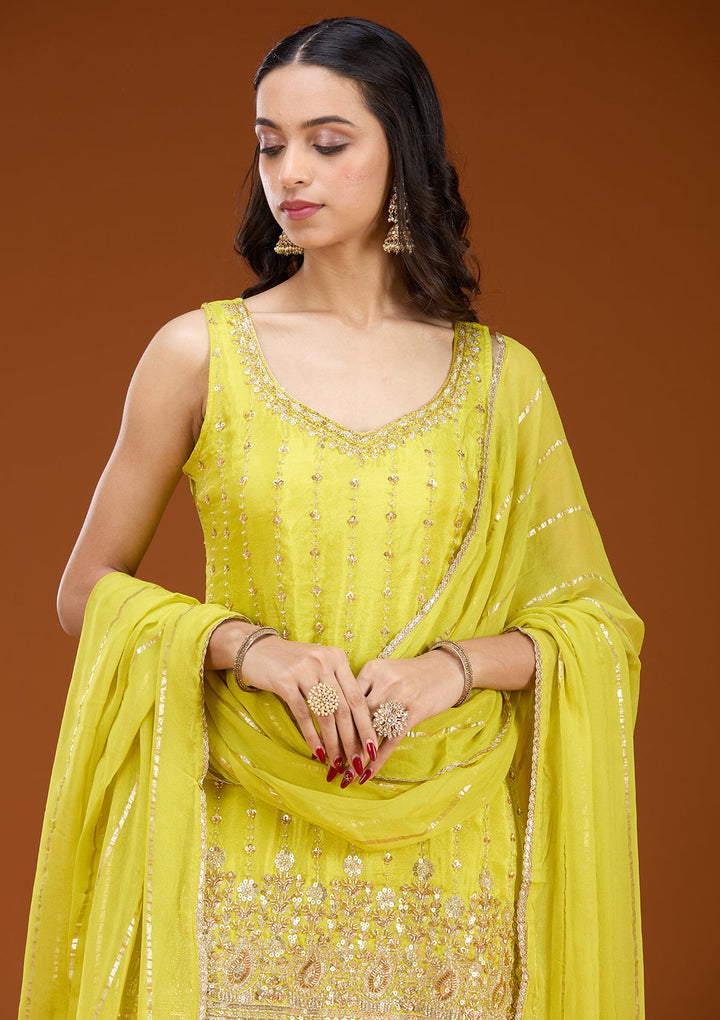 Lime Green Threadwork Tissue Readymade Salwar Suit